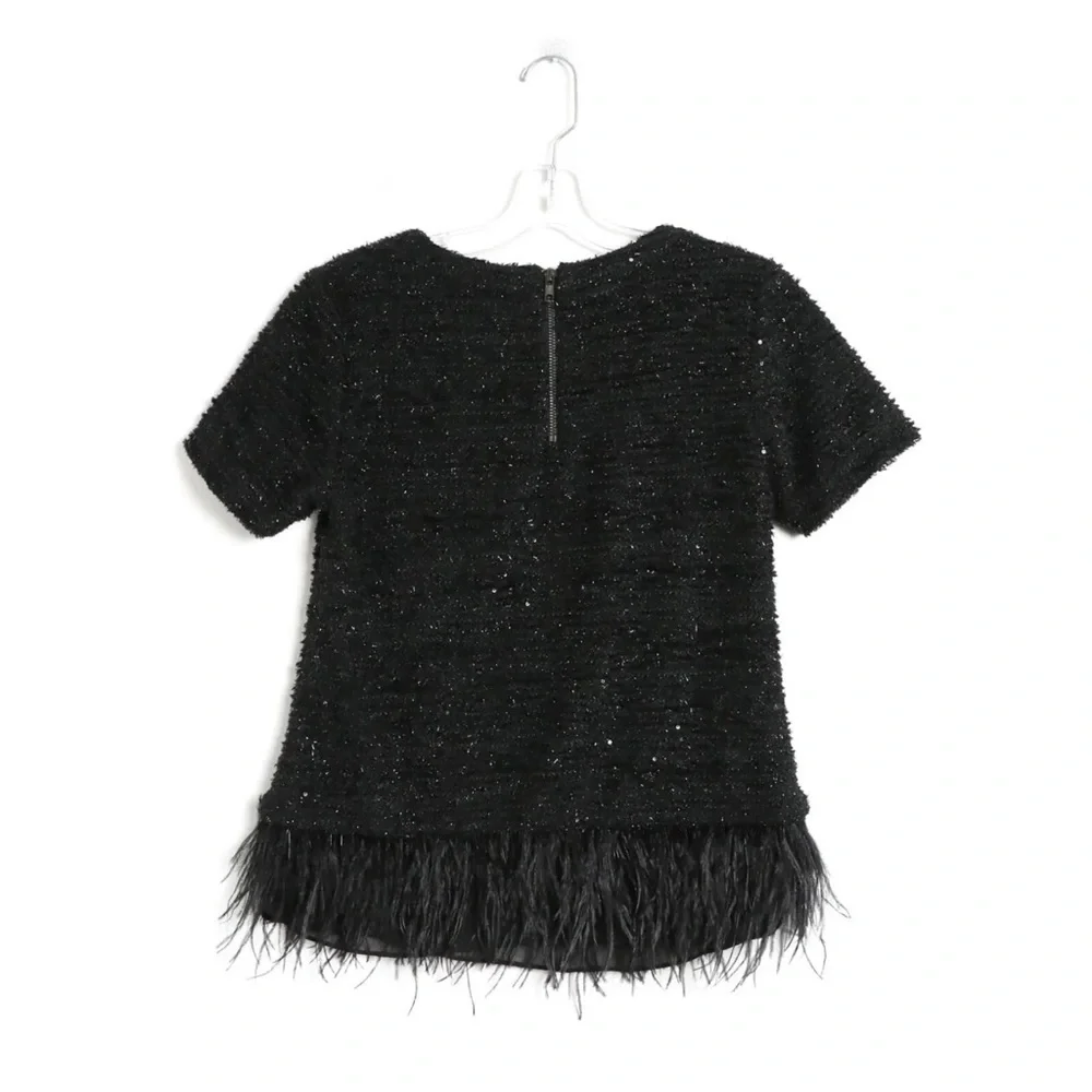 NWOT Anthropologie Deletta black tweed top feathers trim XS cocktail new party - Picture 3 of 8